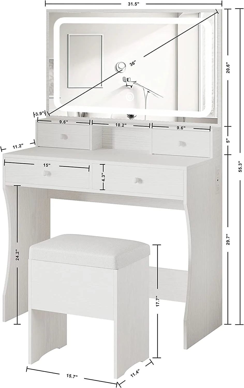 IRONCK Vanity Makeup Table Desk Set with LED Light Mirror & Power Outlet,  with 4 Drawers,Modern White