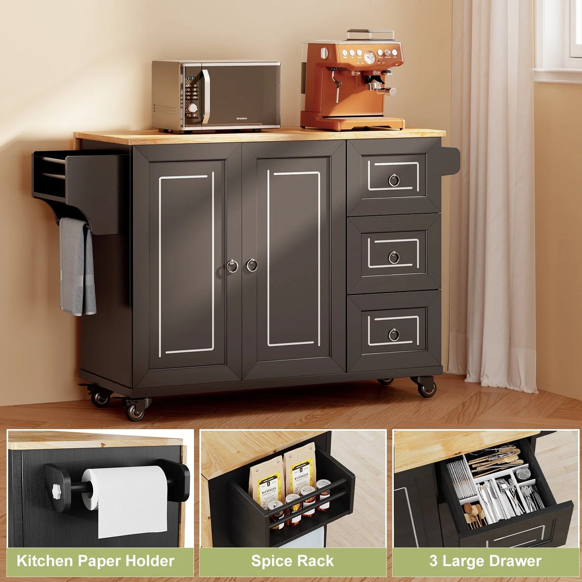 Lofka Kitchen Island with Storage,  Kitchen Island on Wheel with Wood Drop Leaf Tabletop,Black