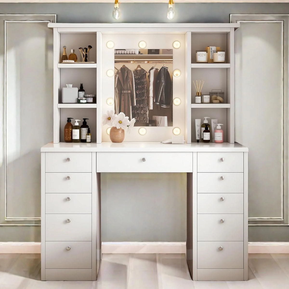 Makeup Vanity Desk with LED Mirror, 11 Drawers & Shelves, 3 Color Modes & Adjustable Brightness