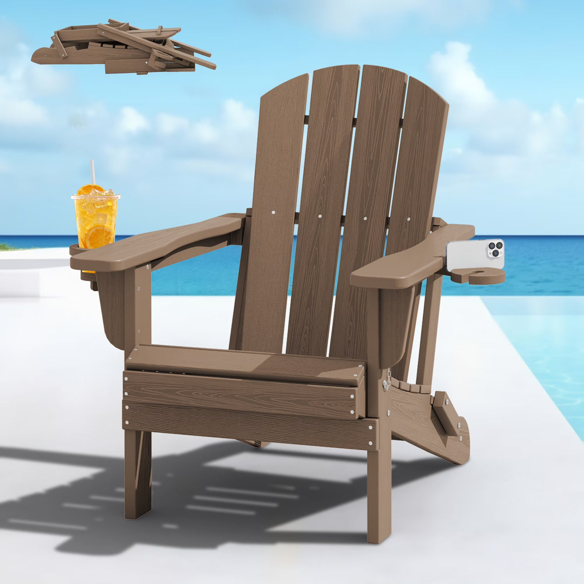 SERWALL Folding Adirondack Chair Set with Dual Cup Holders & Phone Holder, All-Weather HDPE Fire Pit Chairs for Outdoor, Patio, Poolside, Garden - Black