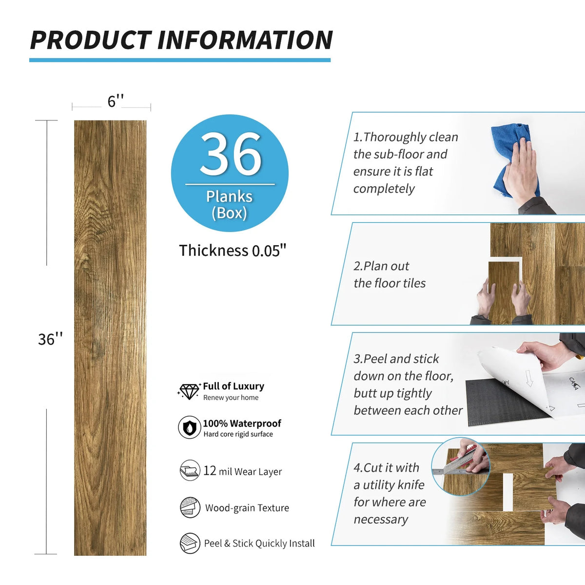 Self-adhesive 6" x 36" x 0.05" Luxury Vinyl Plank(36 pack)