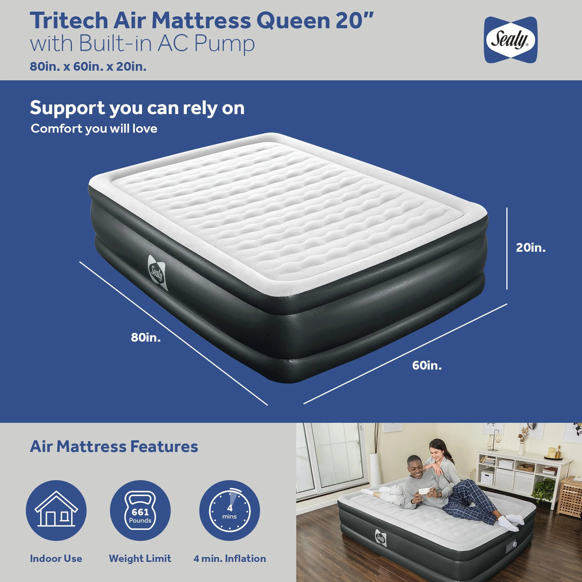 Sealy Tritech 20" Air Mattress Inflatable Bed Twin with Built-In AC Pump