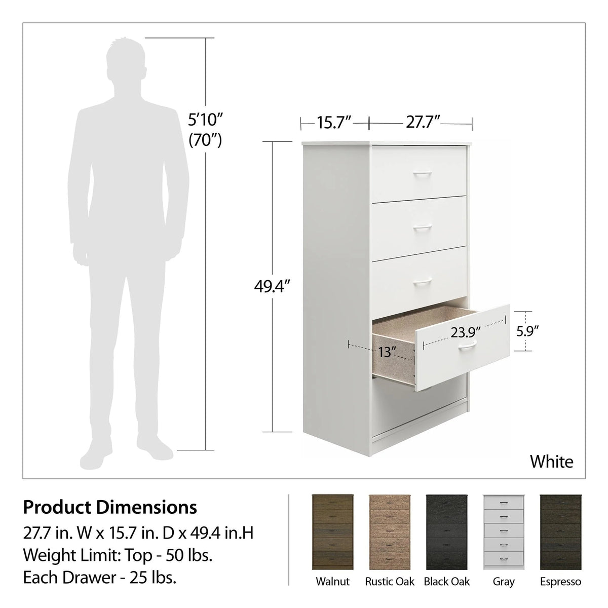 Mainstays Classic 5 Drawer Dresser, Black Oak