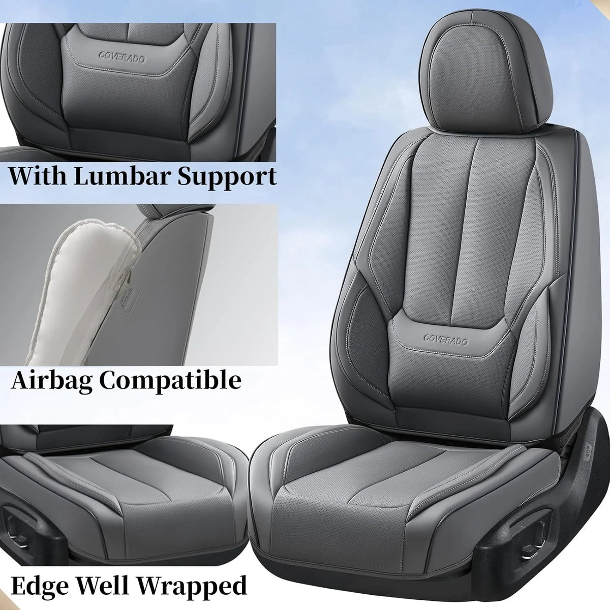 Coverado Black Front Car Seat Covers, Stylish Waterproof Premium Leather Automotive Seat Protectors, Airbag Compatible Auto Interior Accessories Universal Fit for Most Cars SUV Pick-up Trucks