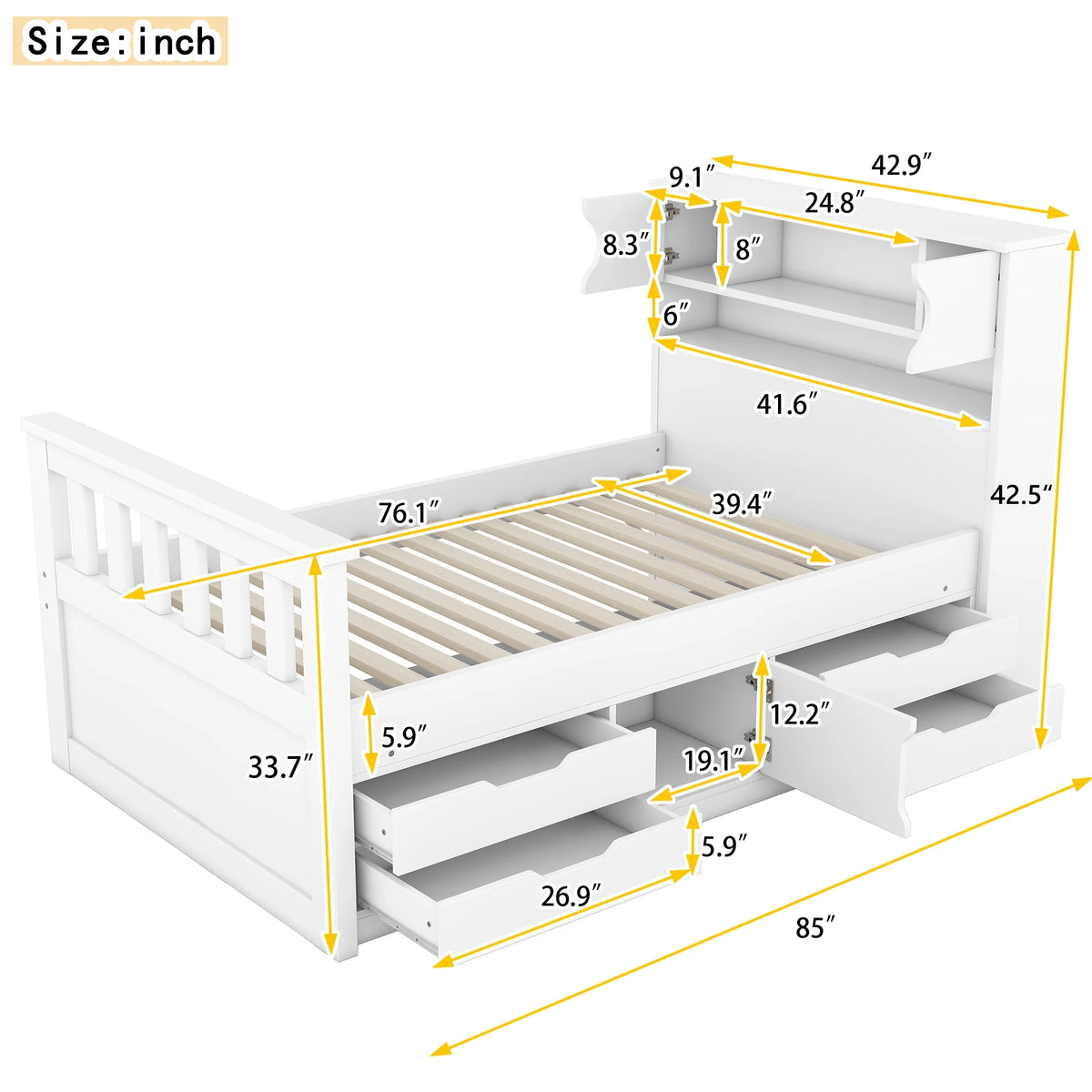 Euroco Wood Twin Size Platform Bed with Storage Headboard, Captain Bed with 4 Drawers, Bookcase and Cabinets, Gray