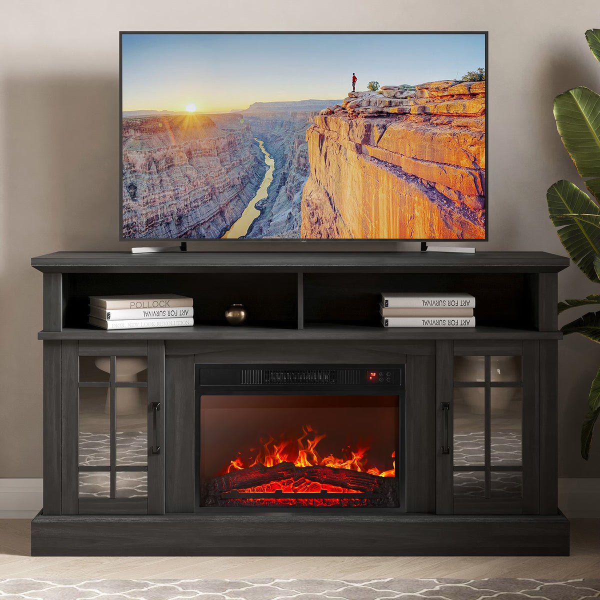 BELLEZE 58" TV Stand with 23" Electric Fireplace, Fireplace TV Console for TVs up to 65", Home Entertainment Center with Storage Cabinet and Adjustable Shelves - Astorga (Gray Wash)