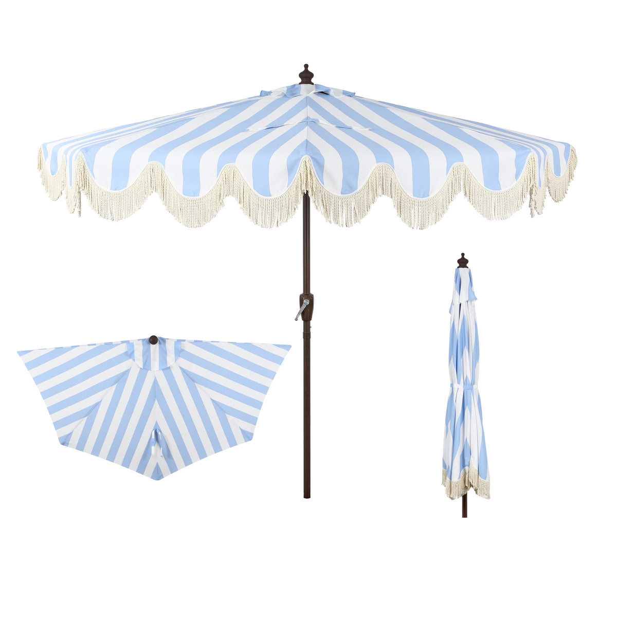 JONATHAN Y Beverly 9 ft. Half Market Patio Umbrella, Designer Classic Scalloped Fringe with Crank, Tilt Button and UV Protection, Blue/White/Cream, Dark Brown Pole
